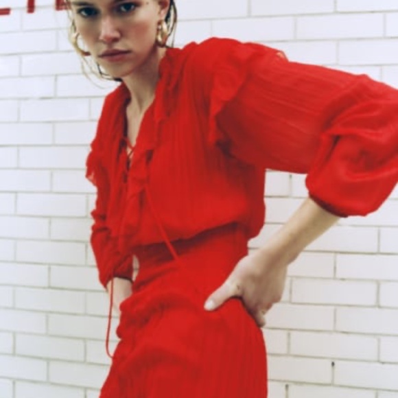 Mini Chiffon Ruffle Lace Up Dress Red - Picture 4 of 11